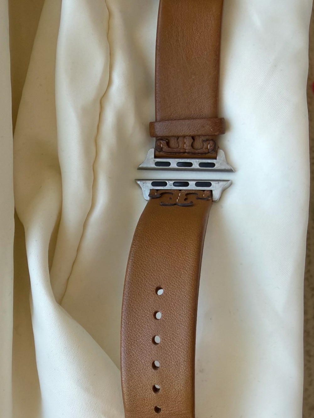 Tory Burch Tan Leather Smartwatch Band with Silver Adapter